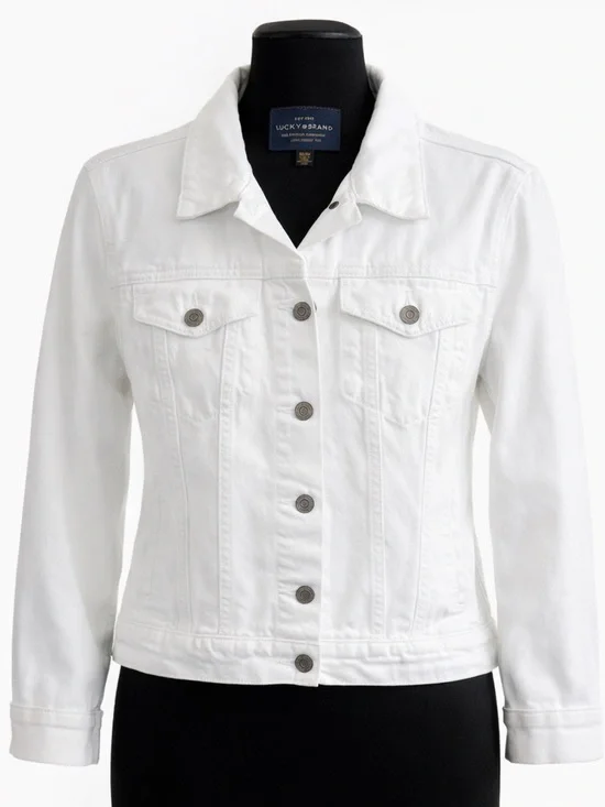 Lucky Brand White Denim Jacket Women Medium Cropped Stretch Spring Summer - Picture 1 of 4